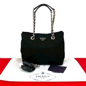 Prada Triangle Logo Quilted Nylon Saffiano Leather 2-Way Chain Tote